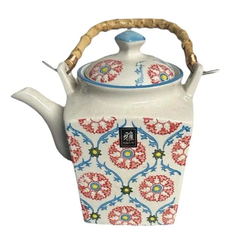 Vintage Ceramic Teapot Light Blue Trim Pink Floral Pattern Ribbon Design Tea Pot